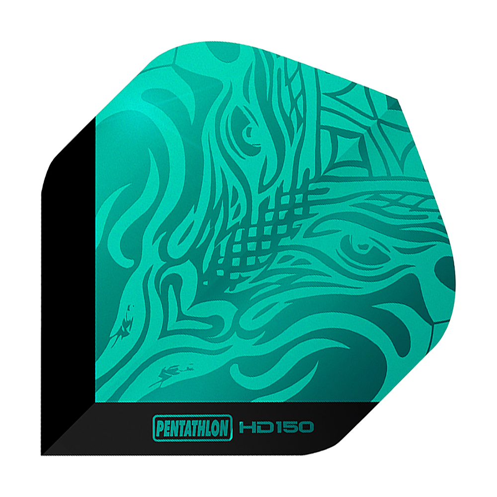Dies ist ein Pentathlon HD150 Metallic Aqua Standard Flight. Das Flight hat ein auffälliges, türkisfarbenes Muster mit schwarzem Rand und Schriftzug.